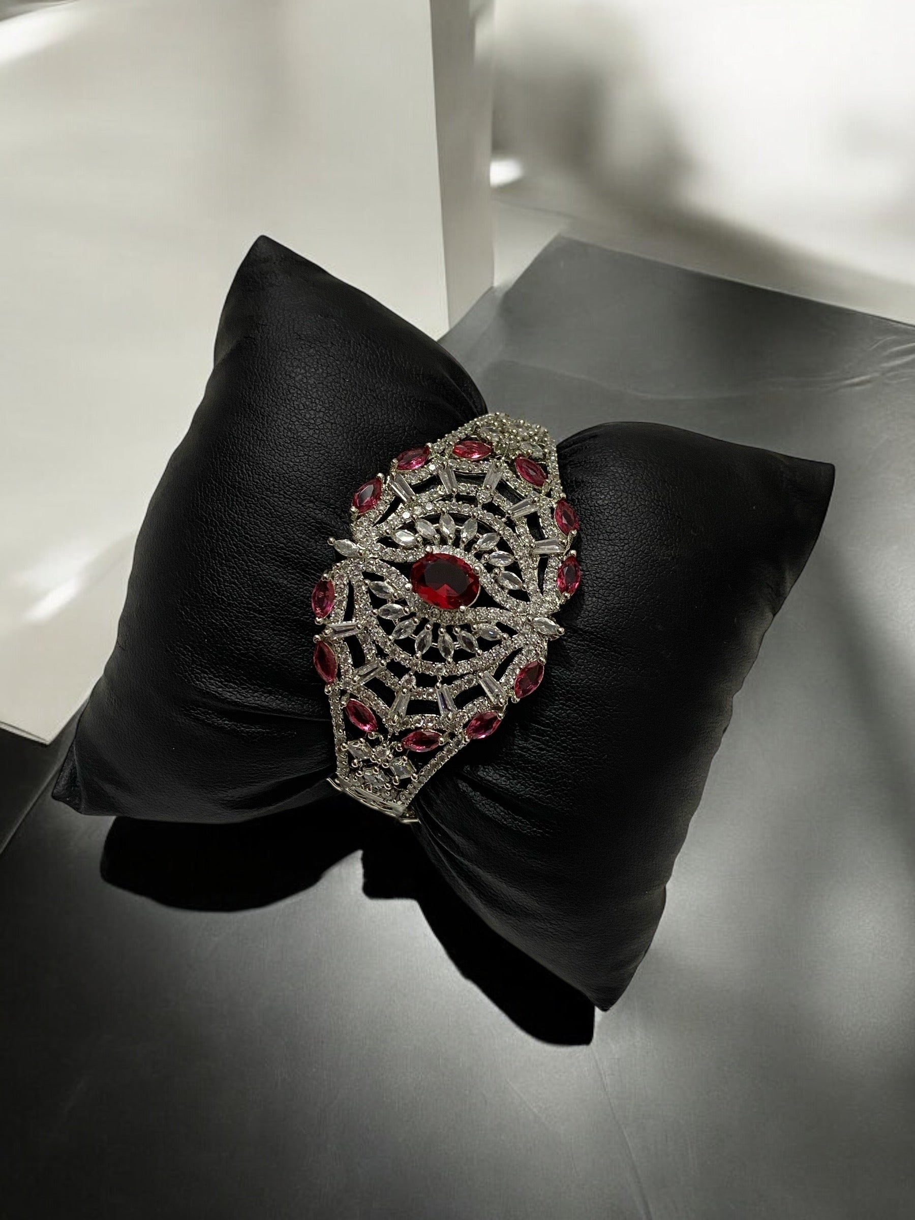 Elegant Free-Size Bracelet with American Diamonds and Red Stones